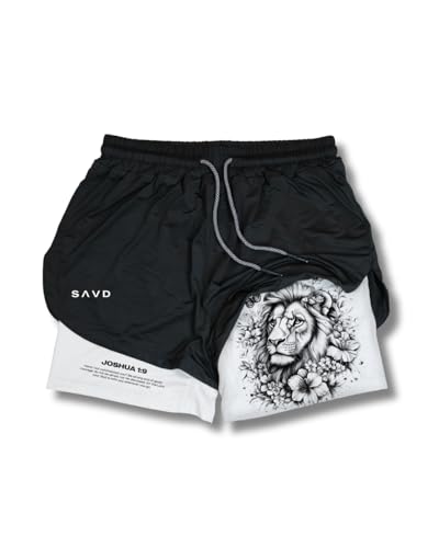 SAVD Christian Performance Shorts - Women's Gym & Sport Shorts with Pockets & Compression Liner, Bible Verse Activewear (US, Alpha, Large, Regular, Regular, Joshua 1:9 Courageous Roar)