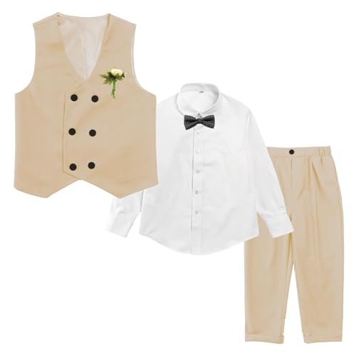 LOLANTA Boys' 4-Piece Formal Suit, Wedding Ring Bearer Outfit Vest Pants with Dress Shirt Bow Tie for Graduation 2-13 Years