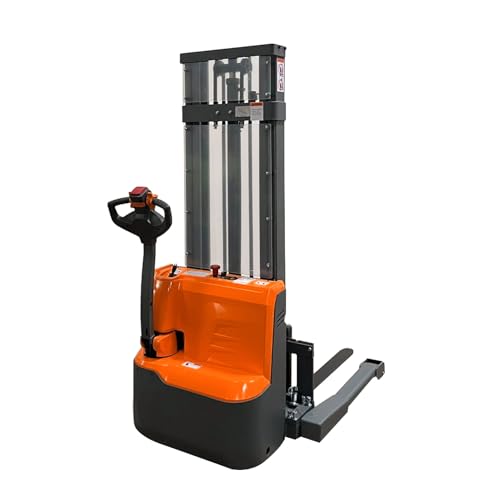 Tory Carrier Full Electric Pallet Stacker, Material Lift, 98” Lift Height 2640lbs Capacity Powered Walkie Forklift with Straddle Legs and Adjustable Forks, for Material Handling