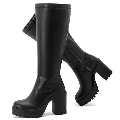 Ruiee Women's Extra Wide Calf Knee High Boots True Wide Width Platform Chunky Heeled Gogo Boots Rounded Toe Block Heel Tall Boot for Women.250369 Black PU Size11