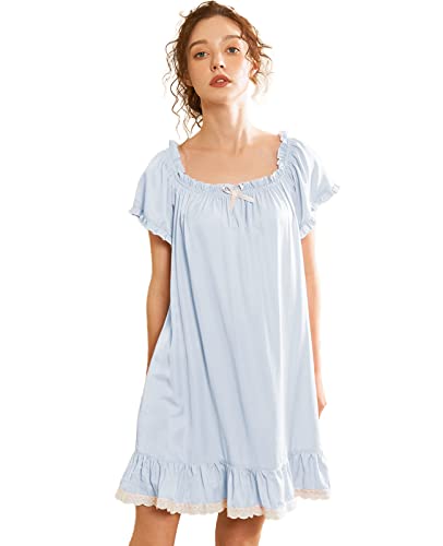 Nanxson Womens' Cotton Nightgown Short Sleeve Sleepwear Vintage Victorian Nightshirt Lounge Dress (Medium, Blue) #TOP1