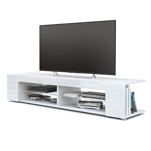 Vladon Mueble TV Movie, Cómoda TV con 4 Compartimentos Abiertos y Franjas Decorativas, Blanco Mate/Blanco de Alto Brillo (134 x 29 x 39 cm)