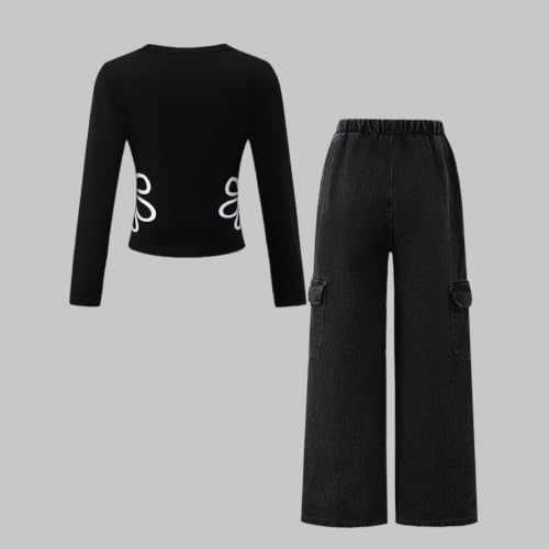 Image of Tween Girls Clothes 2 Piece Long Sleeve Top + Denim Cargo Pants, Teen Girls Fall Clothing Set, Sizes 7-16 Years