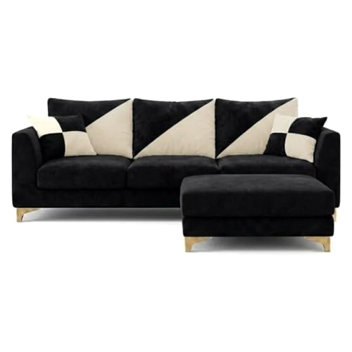 Image of Juliet 4 Seater L Shape Sofa Set with Movable Ottomans | Flexible Layout | Rich Velvet Suede Fabric | Silver Legs | Dual Tone Modern Sofa for Living Room (Black-Cream)