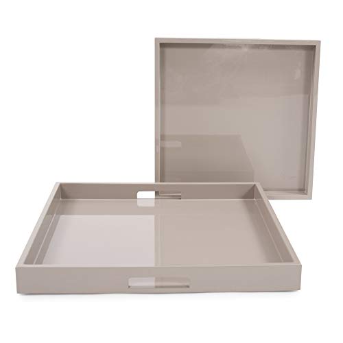 Image of Howard Elliott Collection Premium Wooden Serving Tray with Handle, Glossy Taupe Finish Decorative Square Wood Tray Set Platters for Ottoman, Breakfast, Parties, Weddings, 20 x 20 Inch