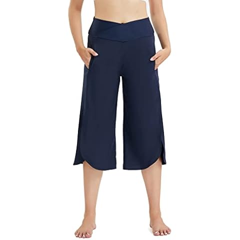 Yilisha Women Capri Pants Crossover Wide Leg Yoga Pant Dress Crop Pant Flowy Casual Sweatpants with Pockets Navy Cover