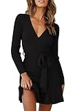 HUUSA Women's Fashion Ruffle Wrap Sweater Mini Dress Casual Long Sleeve Deep V Neck Empire Waist Bod