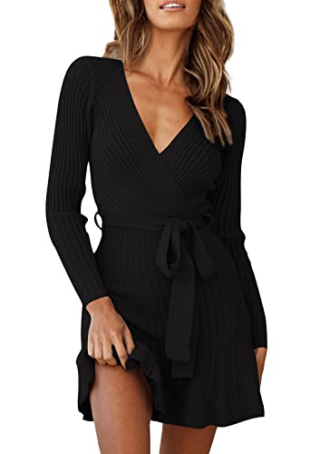Huusa Women's Fashion Ruffle Wrap Sweater Mini Dress Casual Long Sleeve Deep V Neck Empire Waist Bodycon Sheath Party Sweater Outfit Dress Black L #TOP19