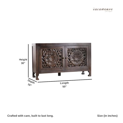 Image of Yepa Wooden Sideboard Cabinet for Living Room | Handcrafted Solid Wood Storage Cabinet with Carved Doors | Crockery Cabinet for Home | Crockery Furniture for Home (Walnut)