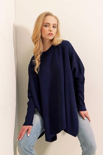 Image of Women's Crew Neck Batwing Sleeve Split Hem Oversized Knit Poncho Sweater