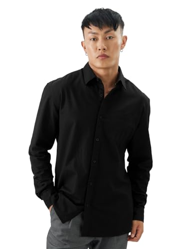 Image of The Souled Store Bold Black Men and Boys Long Sleeve Collared Neck Buttoned Front Regular Fit Cotton Linen Shirts