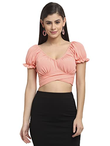 Image of ELEVANTO Women's Ruffle Stylish Short Sleeve Tie Up Back Crop Top Off Shoulder Bardot Blouse /Tops for Summer