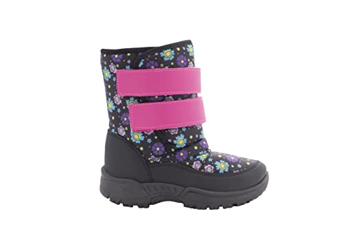 Kids Youth Black Floral Print Snow Boots With Sherpa Lining Insulation For Skiing Hiking Walking In The Snow - Big Kid Size 32