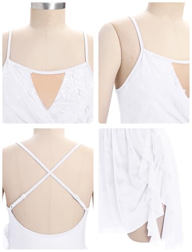 Lyrical Dance Dress for Women V Neck Sparkly Flower Sequin Contemporary Dance Outfits Criss Cross Open Back Flowy Chiffon Mini Skirt Ballerina Salsa Ballroom Ballet Dance Dress White S