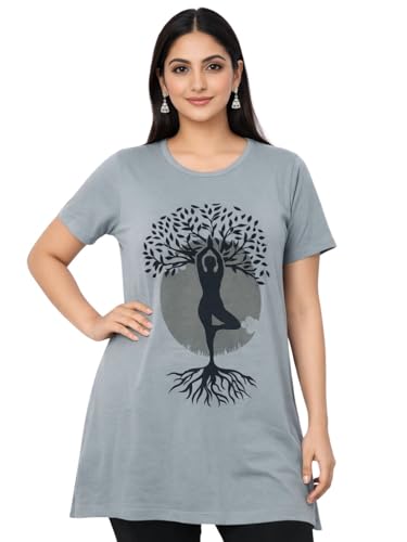 Image of CUPID Women Cotton Round Neck Half Sleeves T-Shirt,Night n Sleep Wear,Daily Use Gym /Lounge Wear Long Tops with Pocket Gray Pink XXL