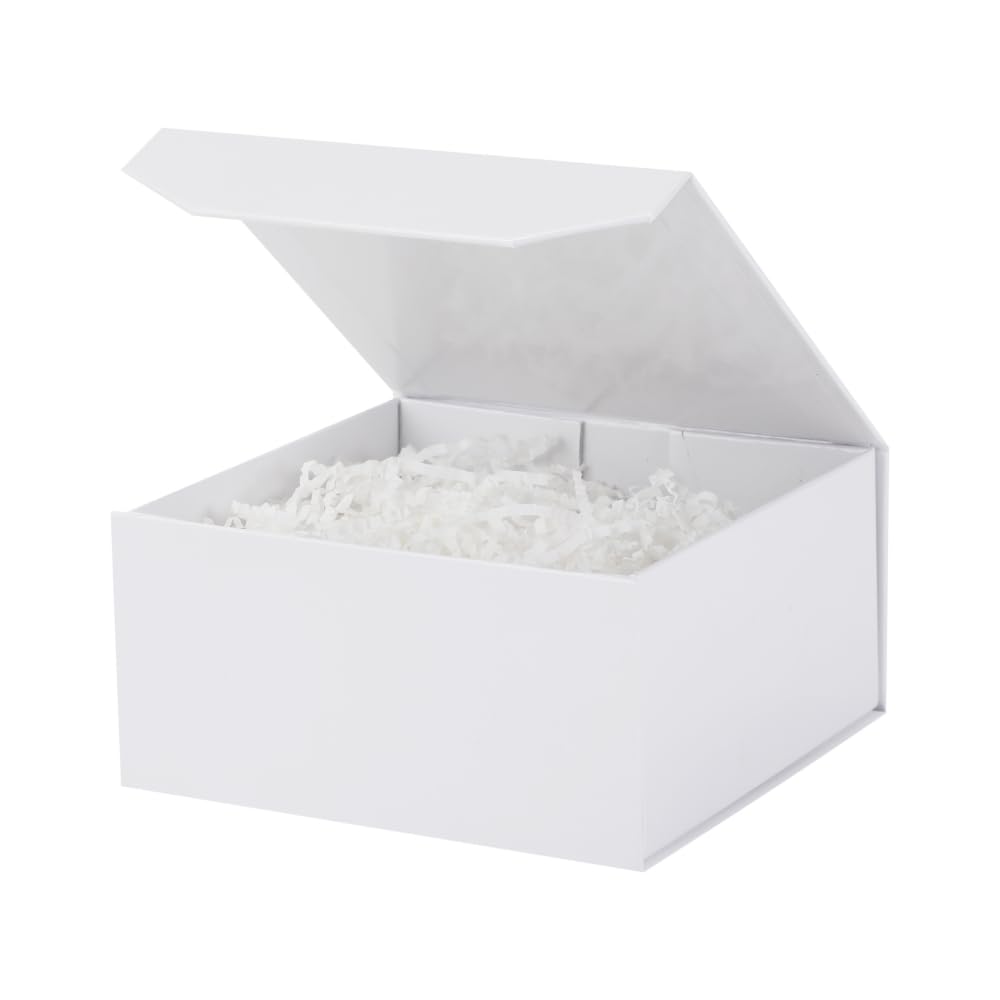 PACKGILO 6 Pcs Small White Gift Box 6x6x3 Inch Magnetic Gift Box Small Magnetic Box with Crinkle Paper White Small Gift Box with Shredded Paper Luxury