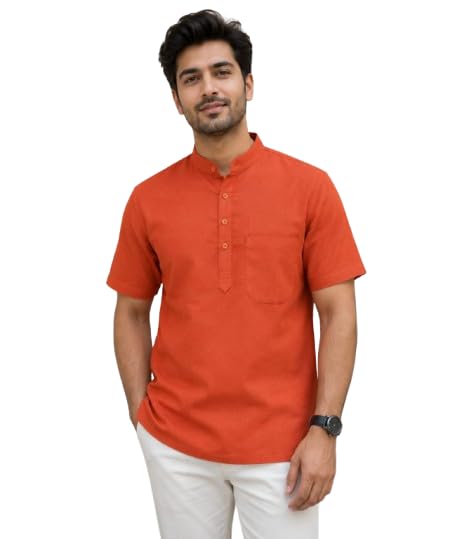 Men's Short Sleeve Kurta Shirt with Mandarin Collar | Cotton Blend Casual Ethnic Kurta Style Shirt | Regular Fit Half Sleeve Solid Summer Wear-picture-19