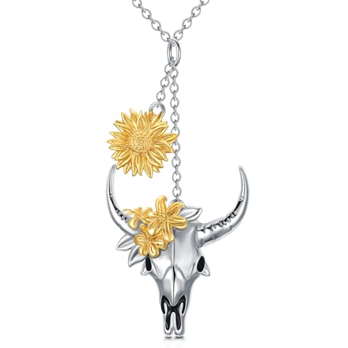 Bull-Necklace-925-Sterling-Silver-Bull-Skull-Head-with-Sunflower-Pendant-Cowgirl-Cowboy-Necklace-Boho-Western-Country-Jewelry-Gifts-for-Women Bull Necklace 925 Sterling Silver Bull Skull Head with Sunflower Pendant Cowgirl Cowboy Necklace Boho Western Country Jewelry Gifts for Women