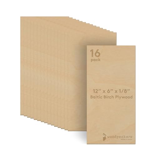 3 mm Baltic Birch Plywood 1/8 x 6 x 12 Inch, Box of 16 B/BB Grade Craft Wood, Stronger Than Basswood Sheets, for Laser, CNC Cutting and Wood Burning, by Woodpeckers