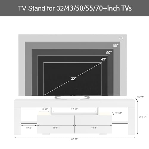 JUMMICO TV Stand with LED Lights, Modern Entertainment Center Media and Open Shelf Console Table Storage Desk with 1 Drawer and Remote Control 20 Color LED Lights up to 70 Inch TV (White)