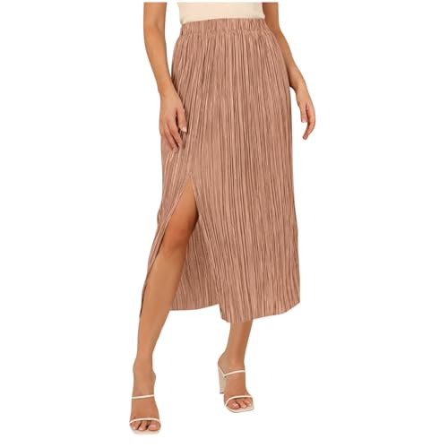Split Maxi Skirt for Women Casual Pleated A Line Office Work Long Skirts Summer Elastic High Waist Trendy Midi Skirt Pink