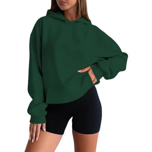 Hoodie Damen Oversize Pullover Sport Langarm Fleece Gefütterte Sweatshirt mit Kapuzen Rundhals Einfarbig Basic Kapuzenpullover Slim Fit Freizeit Langarmshirt Hoodies Warme Casual Pulli (Green, M)