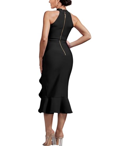 Maketina Women's Halter Mermaid Bandage Dresses Bodycon Ruffle Party Cocktail Wedding Guest Dress3