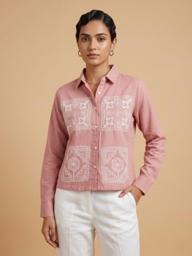 Image of Stylish Women's Embroidered Shirts | Geometric Pattern Half Sleeve Collared Button-Up Casual Shirt for Women