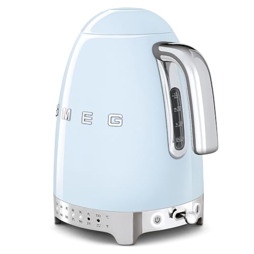 Image of SMEG Variable Temperature Electric Kettle 1.7L (7 Cup), Stainless Steel Tea & Coffee Kettle, Fast Boil, Adjustable Temp 122F-212F, Keep Warm, Auto Shut-Off, 360 Base, Retro Style-Pastel Blue