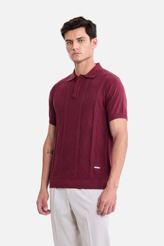 Image of SNITCH Men Polo T-Shirt | Classic Cable Knit Textured Front Panel & Half Sleeve Design | Premium 100% Cotton Knitted T-Shirt Men, Breathable Casual Holiday