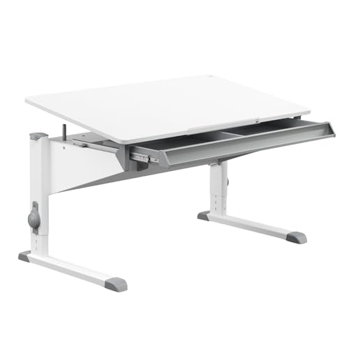 Moll Bandit mit Schublade | Kinderschreibtisch höhenverstellbar | mitwachsend, ergonomisch & neigbar für aufrechtes Sitzen | ideal für Schulkinder | Schreibtisch weiß | Made in Germany