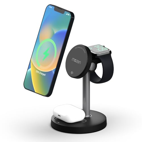 Image of Mozen by Amkette Air 800, 23W Qi2 Certified 3 in 1 Magsafe Charger /Wireless Charger for iPhone 8 & above, wireless charging smartphones, Apple Watch, AirPods /Galaxy Buds, 45 Tilt, Type-C Cable, Black