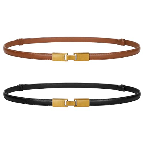 WERFORU 2 Pack Women Adjustable Thin Leather Belt Ladies Skinny Waist Belts for Dress Jean Slim Leather Belts for Women