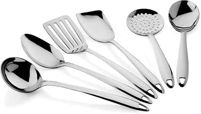 Skygold Stainless Steel Kitchen Cooking Serving Spoons, Kitchen and Dining Set, Heavy Gauge, Ladle | Skimmer | Turner | Potato Masher | Whiskers | Lemon Squeezer Combo Set (Design- 14)