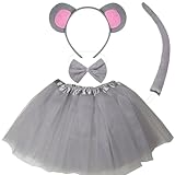 Kirei Sui Halloween Gray Mouse Ears Headband Bowtie Tail & Lined Tutu 4-piece Cute, Soft & Cozy Costume
