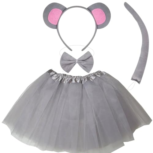 Kirei Sui Halloween Gray Mouse Ears Headband Bowtie Tail & Lined Tutu 4-piece Cute, Soft & Cozy Costume