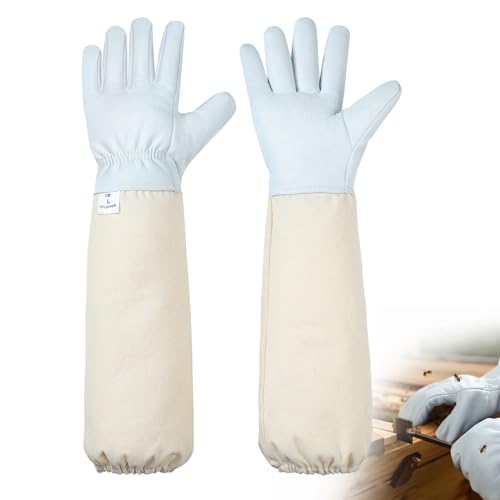 Moontay Imkerhandschuhe aus Ziegenleder, Atmungsaktive Canvas Imkerhandschuhe Stichfest, Geeignet für Männer und Frauen Imkerei Zubehör, Imkerhandschuhe Leder für die Gartenarbeit (L)