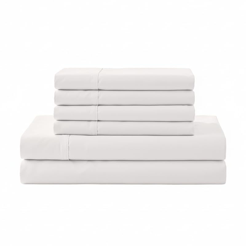 Image of Linen Home 6 Piece King Cotton Sheet Set, 100% Cotton Percale, 4 Pillowcases, Deep Pocket with All Around Elastic Sheet, Crisp Breathable Bedding, Hotel Luxury, Long-Staple Combed Cotton, Snow White