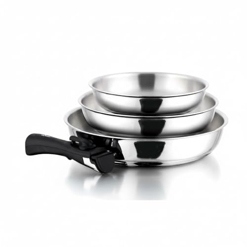 Cflagrant Set 3 Poêles Inox 18/10 avec Manche Amovible – Sans PFAS, Sans PTFE, Sans PFOA – Compatible Induction, Four & Lave-Vaisselle – Poêles...