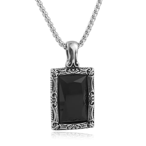 YWMAN Gothic Black Onyx Square Necklace, Rectangle Black Stone Pendant Necklace with Ornate Silver Frame, Goth Jewelry Gift for Men Women