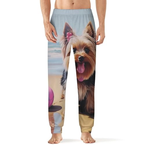 Yorkshire Terrier Dog in Beach Men's Pajama Pants Soft Lounge Pant Sleep Pj Bottoms for Men Elastic Waist