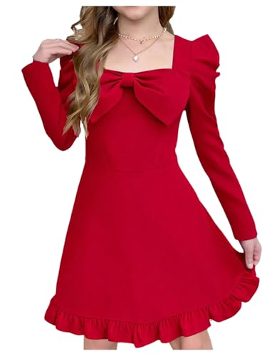 WDIRARA Girl's Bow Ruffle Hem Short Holiday Dress Sweetheart Neck Puff Long Sleeve Dresses