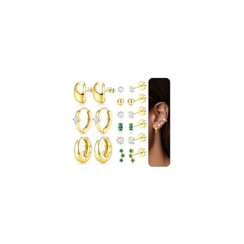 Fansilver Hypoallergenic Flat Back Gold Earrings for Women-14k Gold Surgical Stainless Steel Stud Hoop Earrings for Sensitive Ears Dainty Small Huggie Hoops Cartilage Earring Stacks