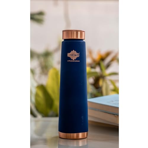 Image of INDIAN ART VILLA Pure Copper Navy Blue Pyramid Ombre Silk Finish Bottle - 800 ML, Ayurvedic Health Benefits, Ideal for Home, Office, Gym & Travel