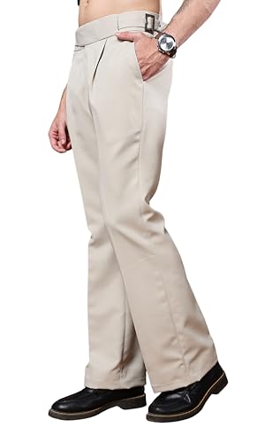 Image of Mens Beige Gurkha Pants with Classic Buckle Closure Premium Casual Bell Bottom Trousers for Men High Waist Pleated Formal & Casual Wear Pant Stylish Retro Flared Bottom Pant