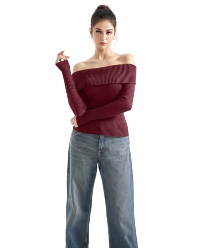 Image of SUUKSESS Women Off Shoulder Sweaters Long Sleeve Ribbed Knit Going Out Fall Tops Blouse