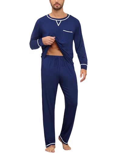 SWOMOG Mens Pajamas Set Modal Long Sleeve Sleepwear Crew Neck Pjs 2 Piece Loungewear Nightshirt Top & Pants with Pockets3