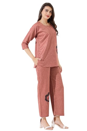 Image of Linen Printed Night Wear Top and Bottom Night Suit Set | Summer Outfit | Co-ord Set for Women | Shirt & Pajama | Night Suit Dress for Women