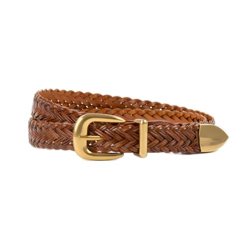 Women's Braid Leather Belt,Skinny Woven Waist Belt with Gold Buckle,Dress and Jeans Belt (Brown, Length:110cm(Suit 19.5-37inch))