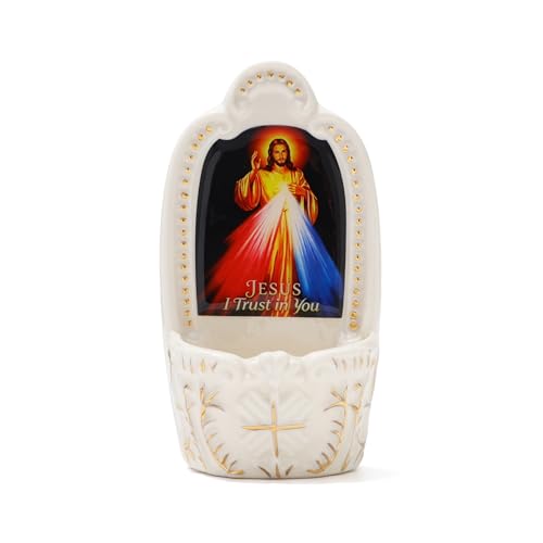 Image of KOMI Porcelain Divine Mercy Jesus Catholic Holy Water Font for Entrance of Home Church Wall Hanging Decor Religious Christian Gift Jesus I Trust in You Holy Water Holder